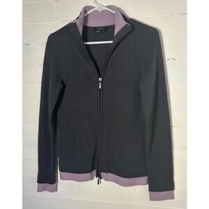 Magaschoni cashmere zip up sweater, gray/light purple, women’s size small.